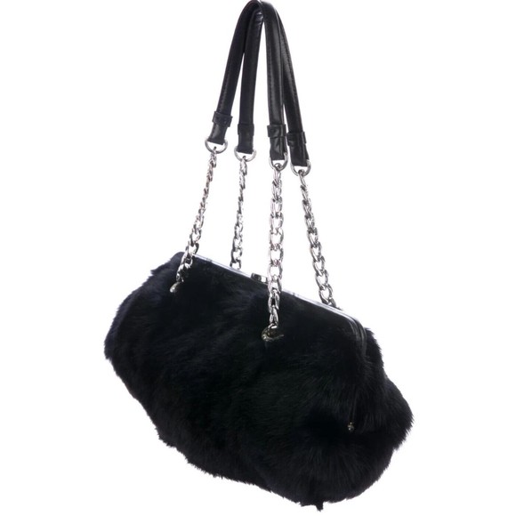 Women's Fur Bag's Designer Michael Kors Black Rabbit Fur Silver Tone Chain Strap - Picture 3 of 14